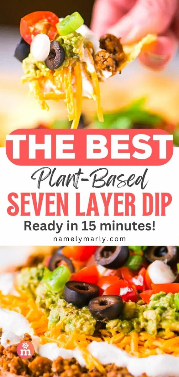 Colorful seven layer dip with tomatoes, olives, guacamole, and cheese, held by a hand against a blurred background.