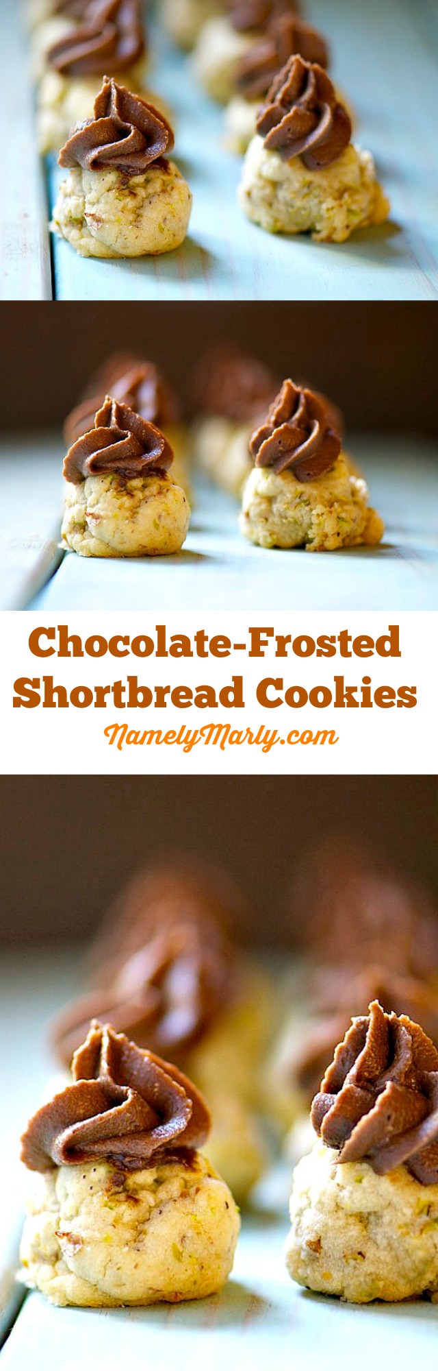 A collage of photos showing chocolate-topped shortbread cookies.