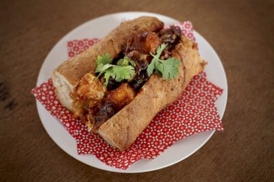 Veggie Num Num's vegan version of a Crispy Drunken Chicken Sandwich