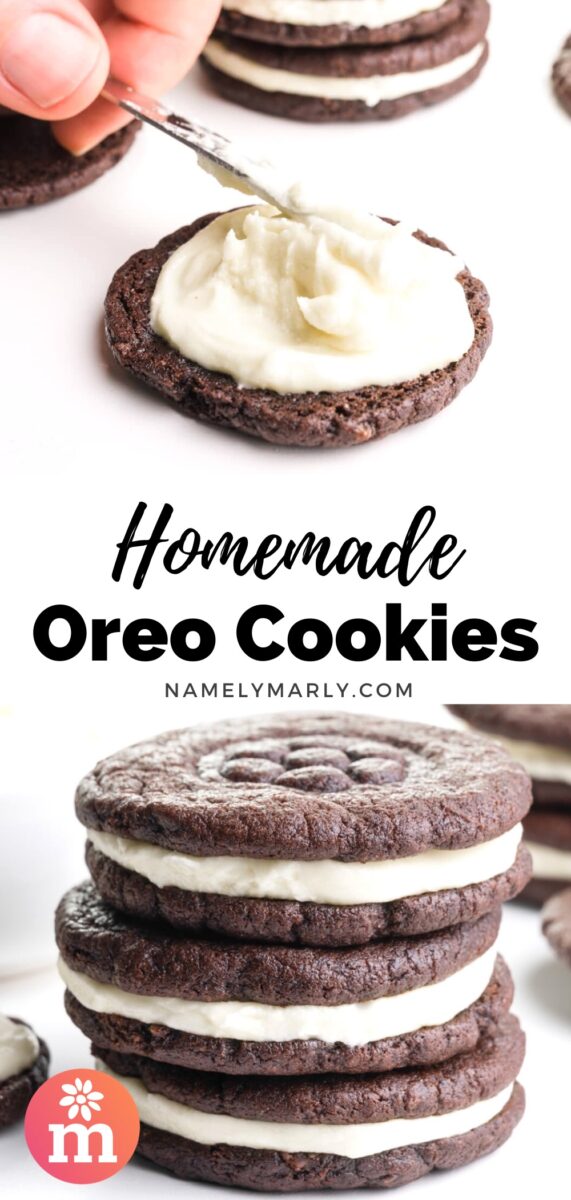 A collage of two images shows a hand using a butter knife to spread creamy filling over a chocolate cookie on the top. The bottom image shows a stack of three chocolate sandwich cookies. The text between the images reads, Homemade Oreo Cookies.
