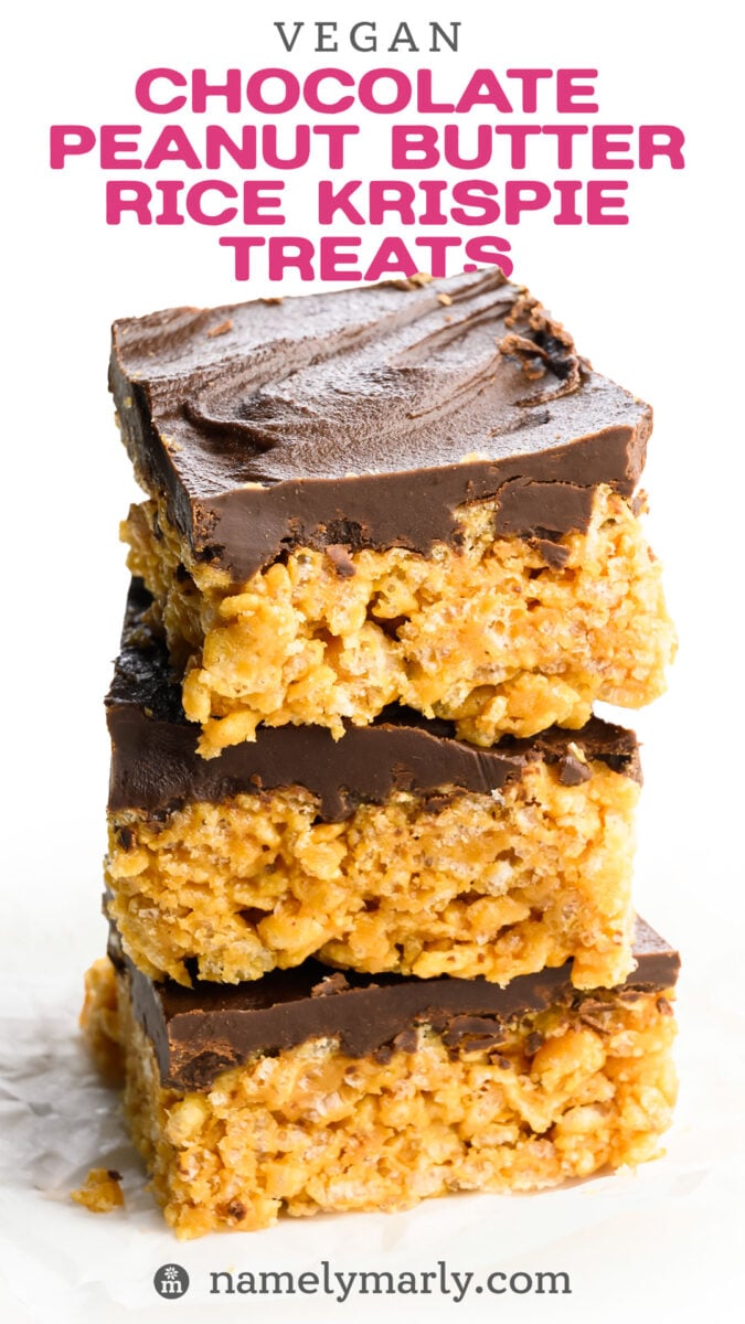a stack of three Rice Krispies treats with chocolate fudge on top on a white counter. In the background is a plate with more of the treats. The text at the top of the image reads, Vegan Chocolate Peanut Butter Rice Krispie Treats.