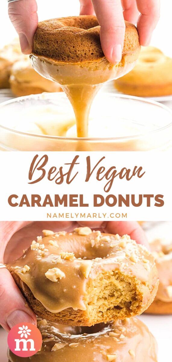 A collage of two images shows a hand dipping a donut in caramel sauce on top. The bottom image shows a hand holding a donut with a bite taken out. The text between the images reads, Best Vegan Caramel Donuts.