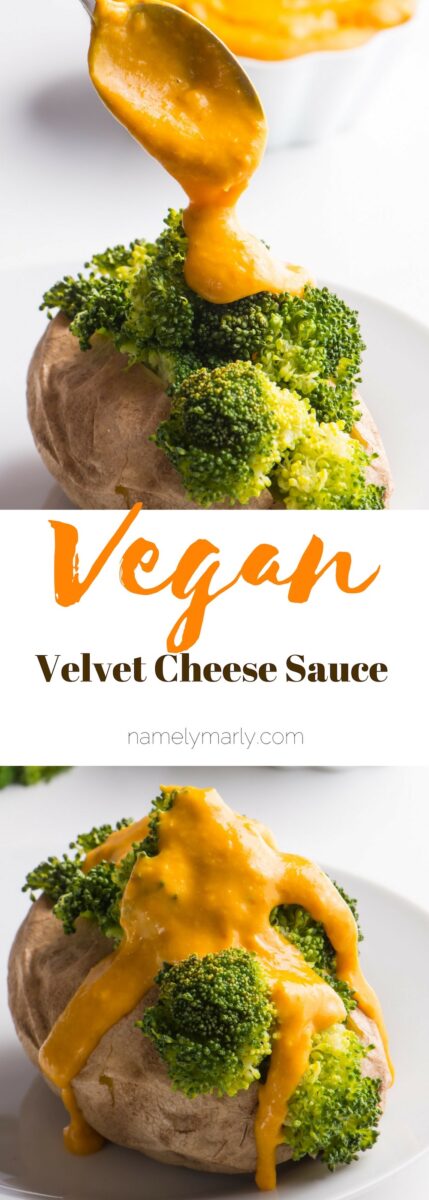 A collage of photos shows vegan cheese sauce being spooned over a baked potato with steamed broccoli. The text between the two photos reads: Vegan Cheese Sauce.