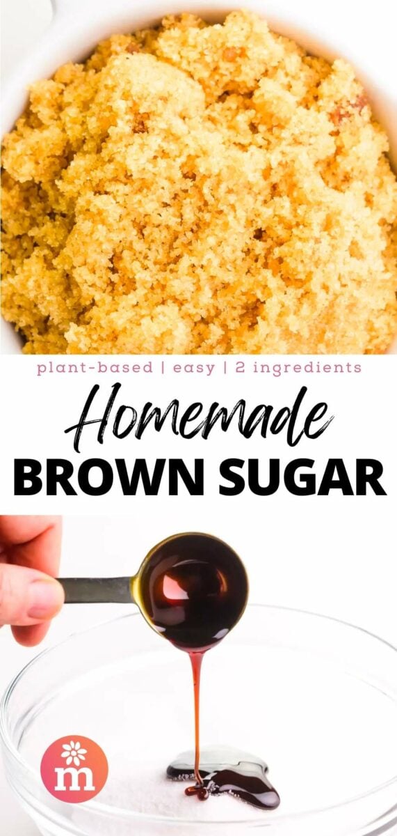 Bowl of brown sugar with a hand holding a measuring spoon pouring syrup into a clear bowl.