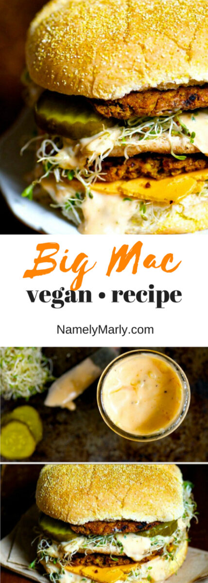 A collage of different photos showing the homemade Big Mac sandwich. The text reads: Big Mac: Vegan recipe.