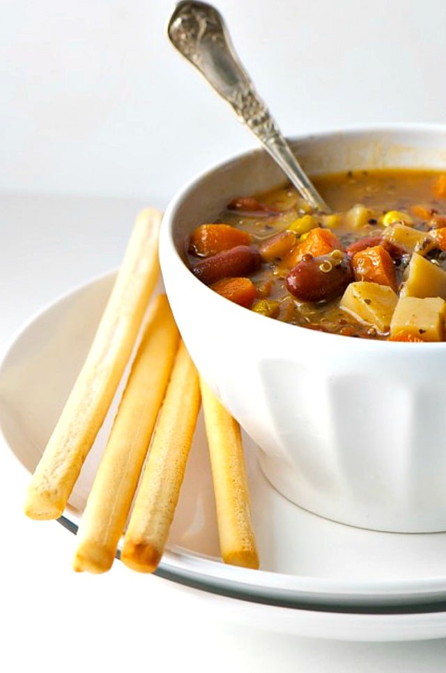 Minestrone Quinoa Soup is one of our favorite weeknight meals because it's easy to make, so tasty, and we have leftovers for the week. Did I say it's pretty cheap to make too? Perfection!