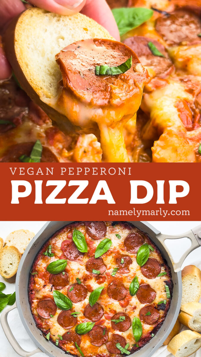 Vegan pepperoni pizza dip served with toasted bread and fresh basil in a skillet.