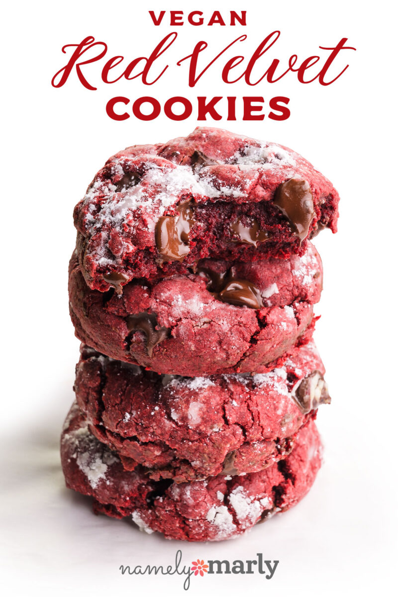 Vegan Red Velvet Cookies with image of a stack of red cookies