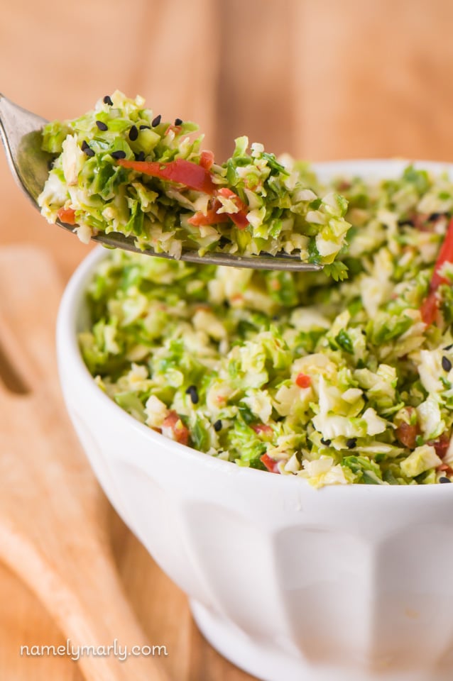 A fork holds a bite-full of slaw, pulled from the bowl full of slaw behind it.