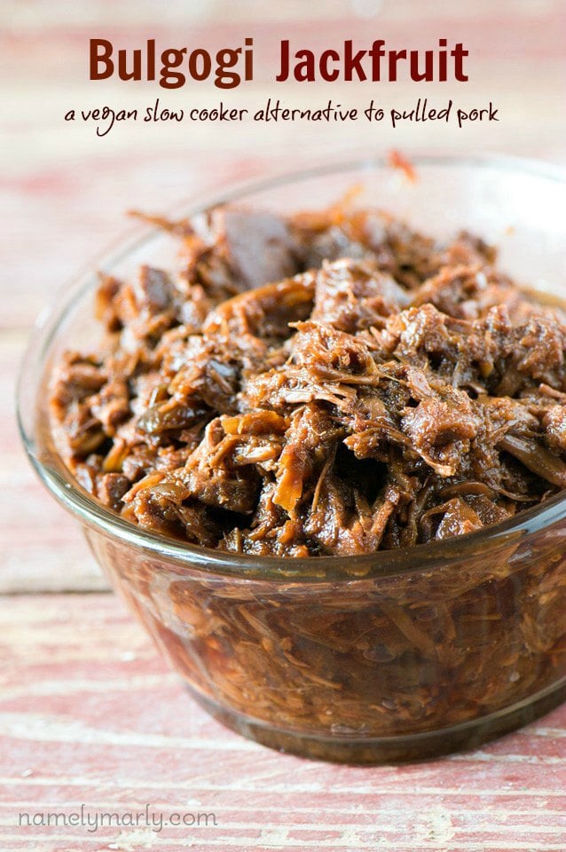 Crockpot Bulgogi Jackfruit - a meatless, vegan, and delicious alternative to pulled pork.