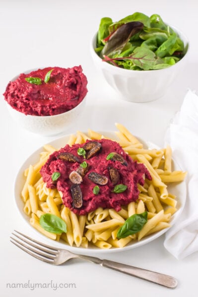Roasted Beet Hummus Over Pasta
