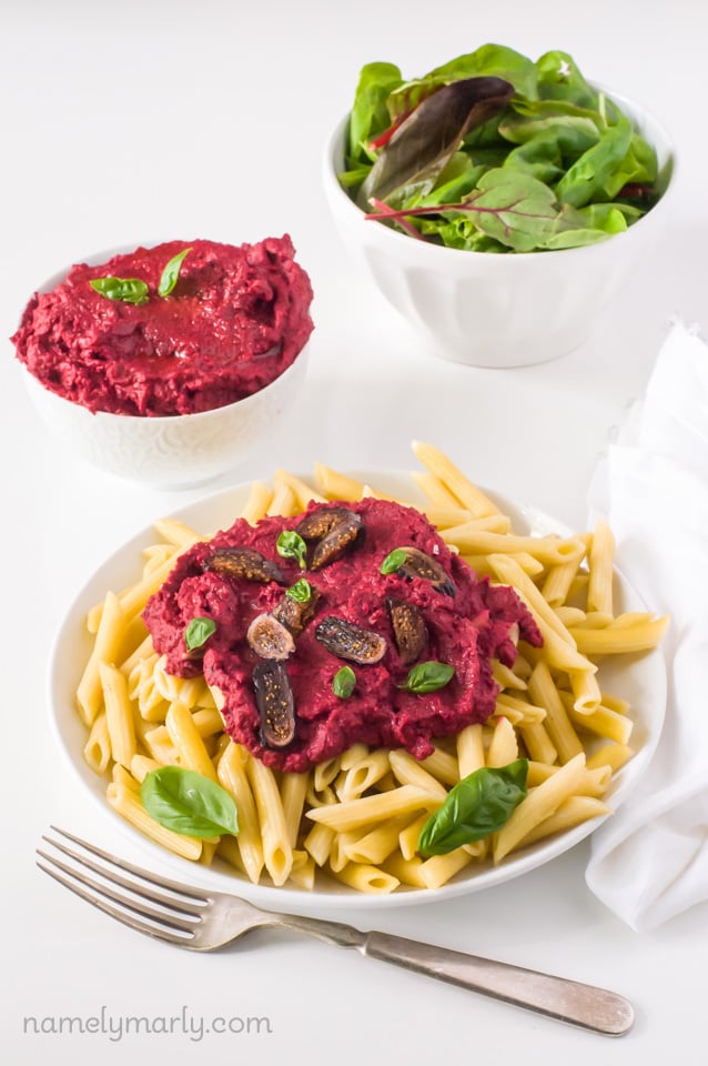 Roasted Beet Hummus Over Pasta