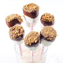Several Vegan Marshmallow Pops in a tall glass filled with uncooked brown rice.