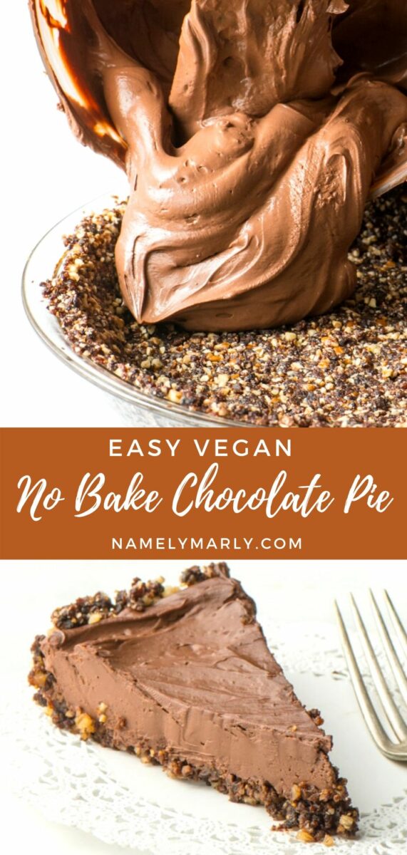 A collage of two photos shows chocolate cream being poured into a crust and a slice of pie. The text between them reads, Easy Vegan Chocolate Pie.