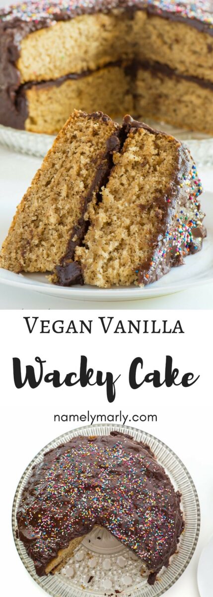 Two images of vanilla wacky cake, one slice on a plate with the cake in the background, and another overhead view of the cake