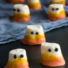 Vegan Candy Corn Marshmallow Ghosts - a fun, tasty, and delicious way to celebrate Halloween for your next spooky halloween party!