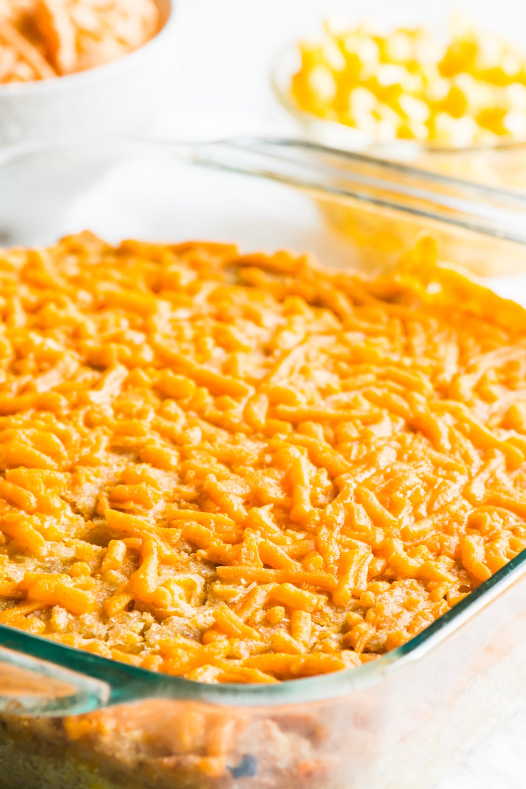 Looking down on corn casserole in the dish.