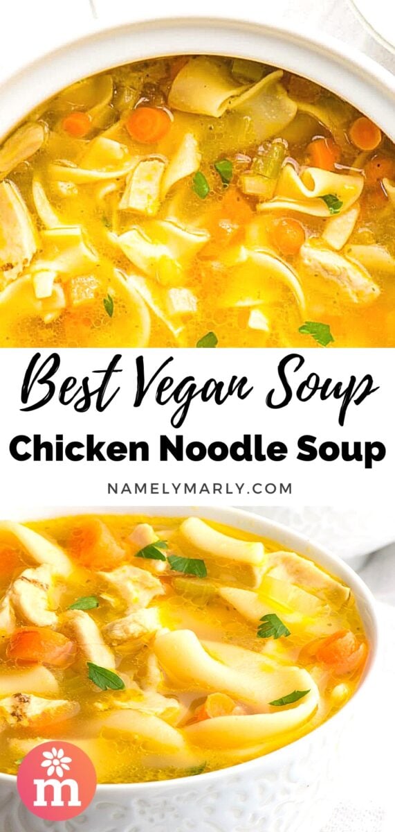 A collage of two images shows a closeup of noodle soup on the top and a bowl of the soup on the bottom. The text between the images reads, Best Vegan Soup. Vegan Chicken Noodle Soup.