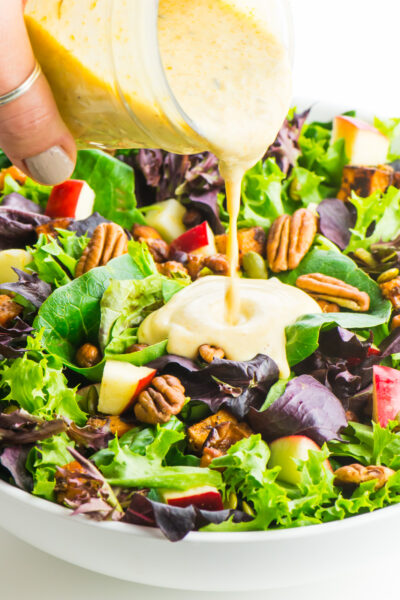 Vegan Harvest Salad with Creamy Pumpkin Ranch Dressing. It's a perfect salad for your holiday dining and entertaining!