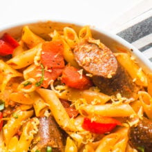Closeup of vegan sausage and penne.
