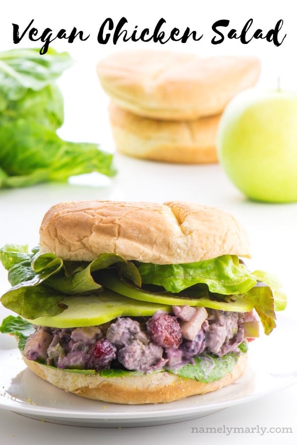 A photo of a sandwich with the words Vegan Chicken Salad at the top.