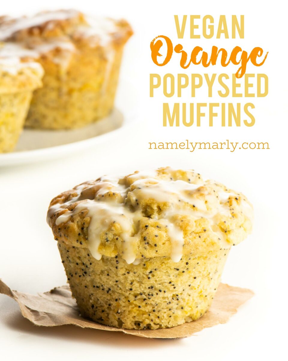 A photos of an icing covered muffin in the foreground and more muffins behind it. This text appears: Vegan Orange Poppyseed Muffins.