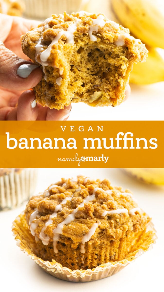 Vegan banana muffins with a crumbly topping and drizzled glaze, held in a hand against a blurred background of bananas.