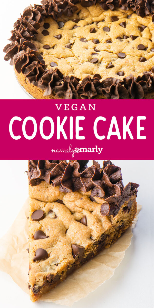 images of a whole round cookie cake and a single slice with decorative frosting and text that reads vegan cookie cake