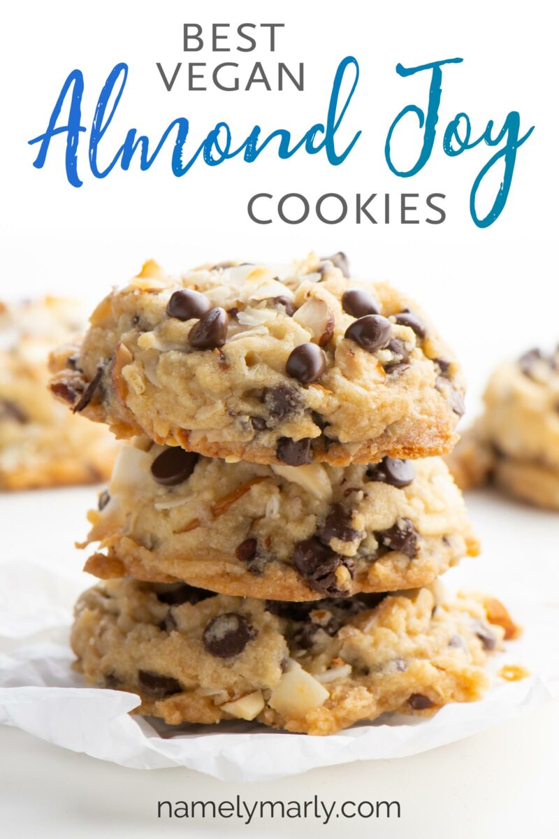 A stack of cookies with more cookies around it and the text above it reads: Almond Joy Cookies