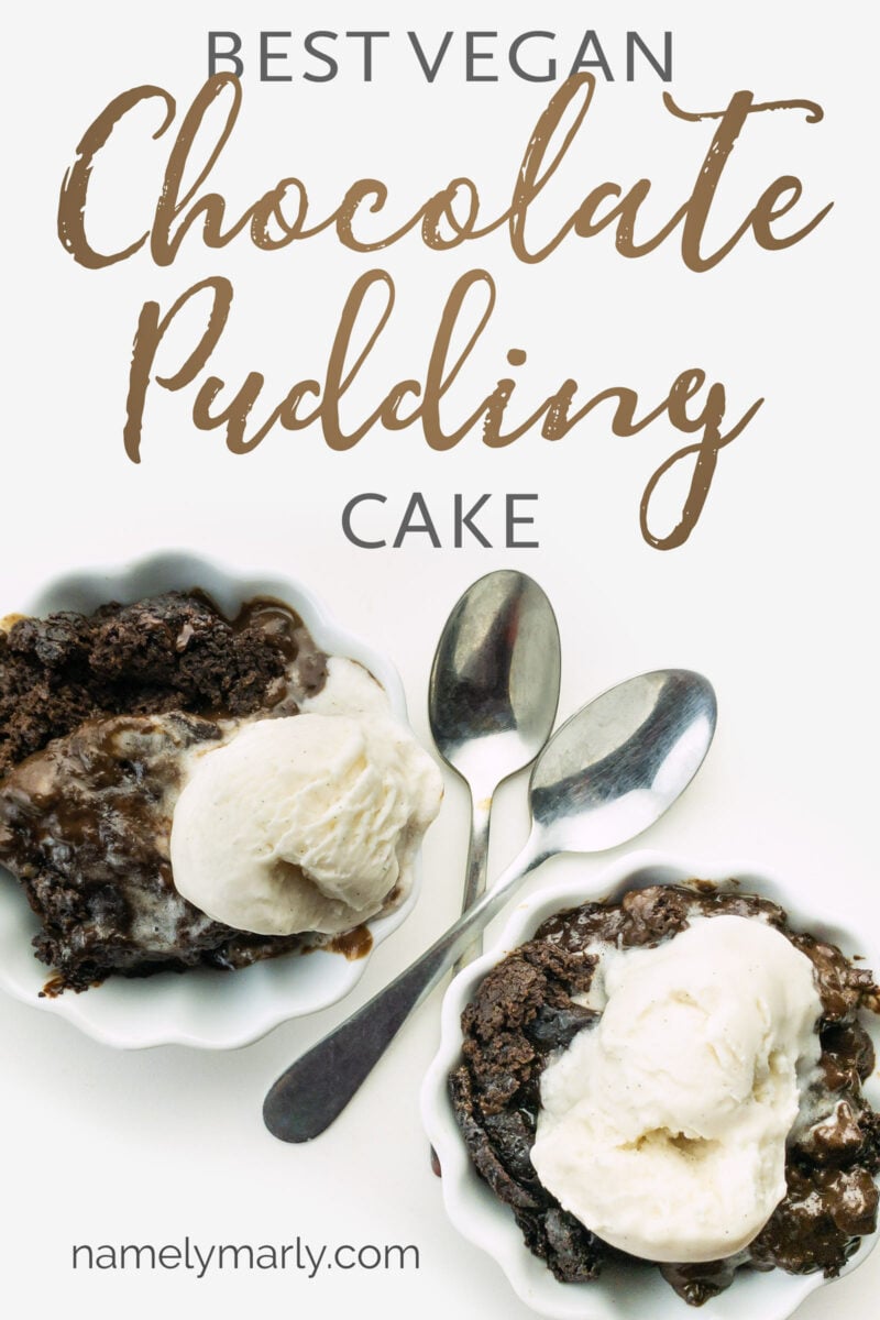 Looking down on two dessert bowls filled with cake topped with ice cream. The text reads: Chocolate Pudding Cake.