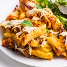 A plate of vegan pasta bake