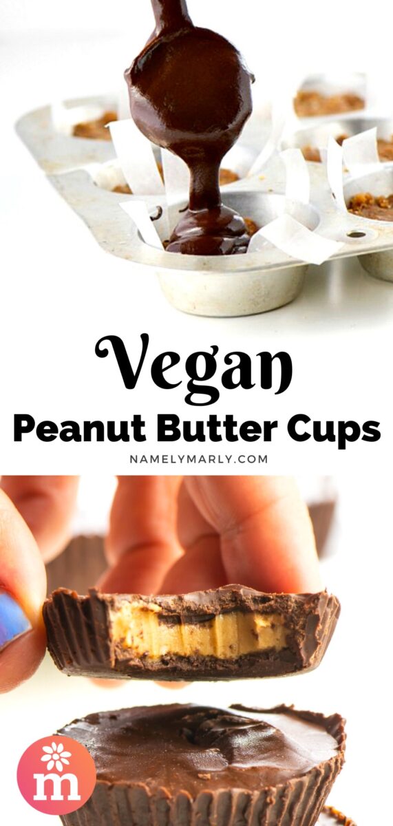 A collage of two images shows melted chocolate being drizzled over peanut butter cups in a candy mold on top and a hand holding a peanut butter cup with a bite taken out of hovering over more candies it on the bottom. The text between the images reads, Vegan Peanut Butter Cups.