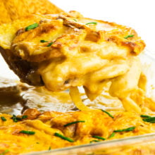 A hand holds a wooden spatula full of cheesy potatoes.