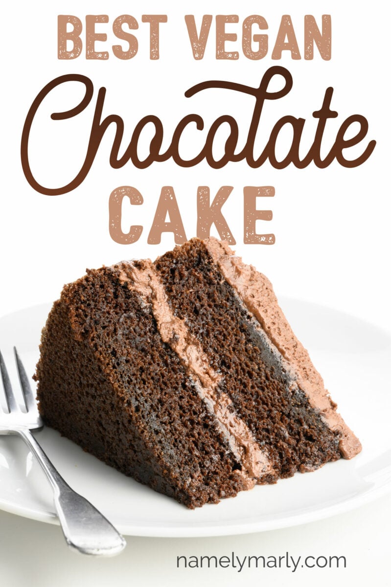 A slice of chocolate cake on a plate with a fork beside it. The text reads: Best Vegan Chocolate Cake.
