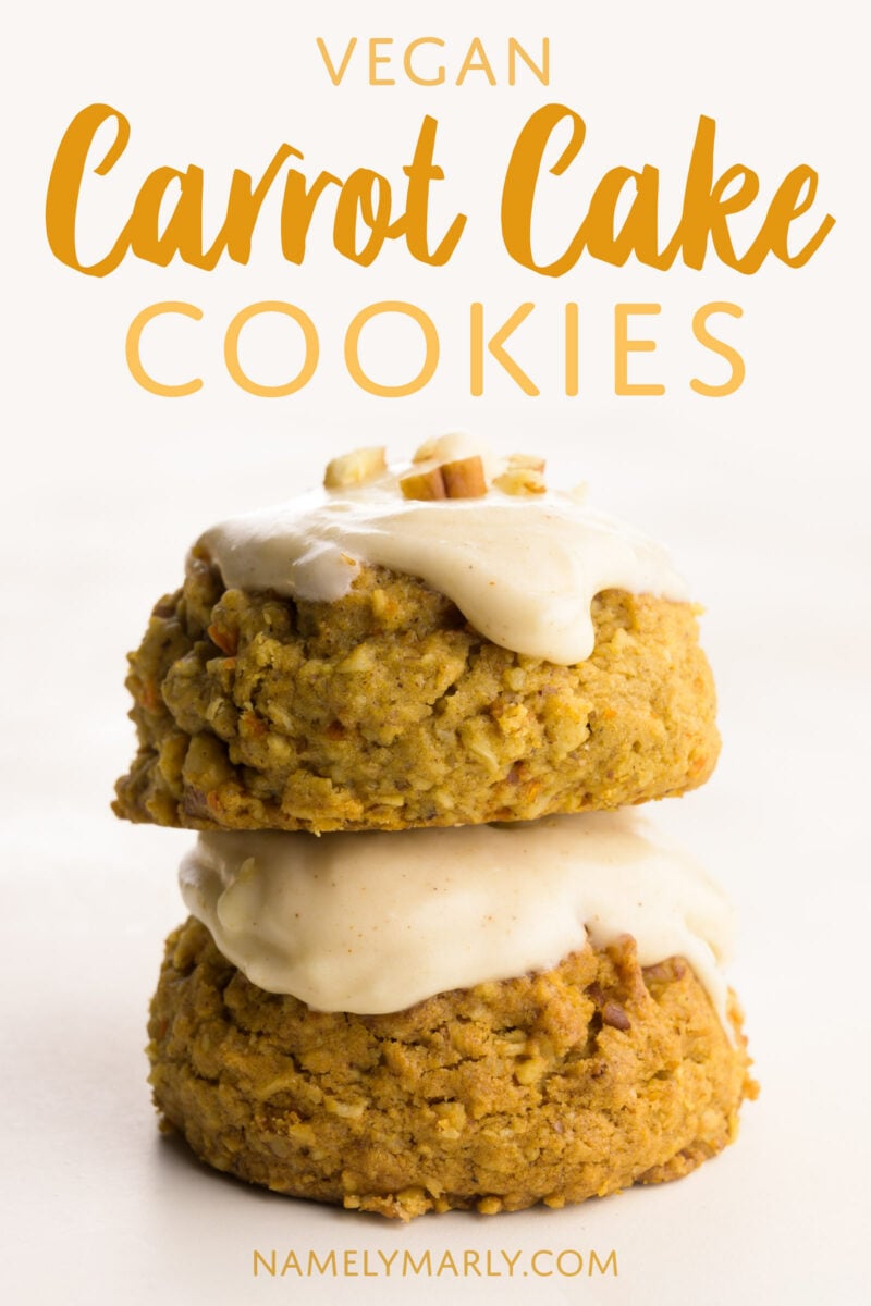Two frosted cookies are stacked with this text above it: Carrot Cake Cookies