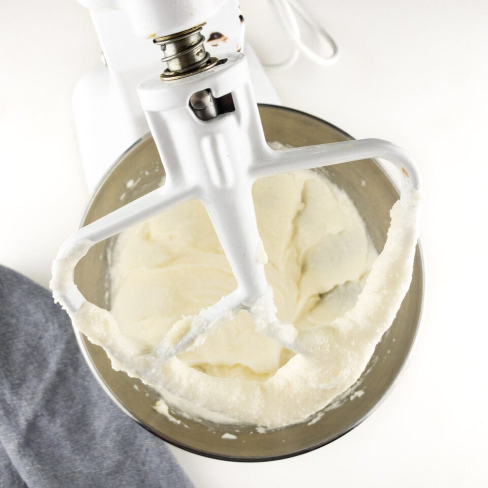 Vegan butter and coconut oil and sugar has been creamed in the bottom of a stand mixer.