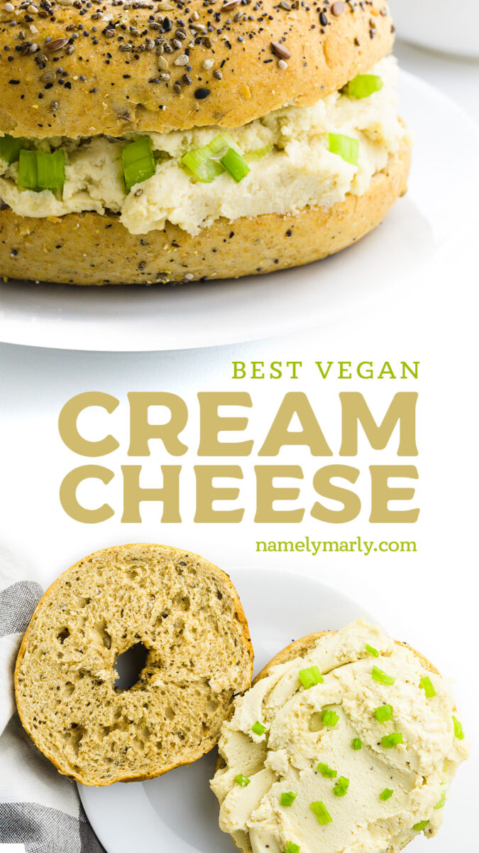A collage of images shows cream cheese on a bagel. The text between the two images reads Best Vegan Cream Cheese.
