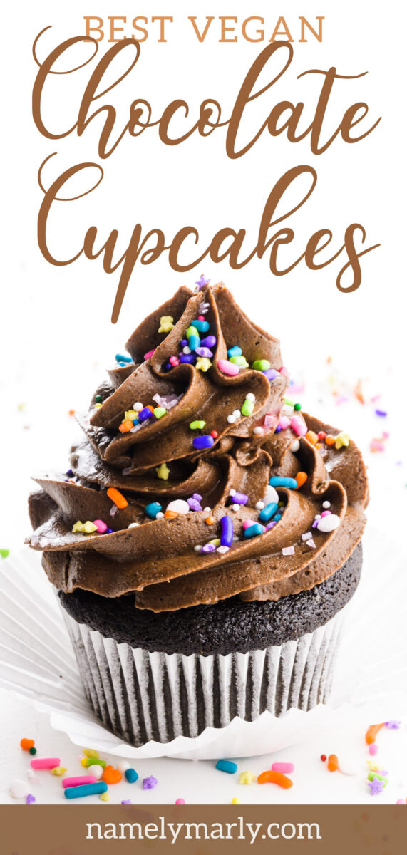 A vegan chocolate cupcake has sprinkles on it. the text above it indicates this is a vegan chocolate cupcake.