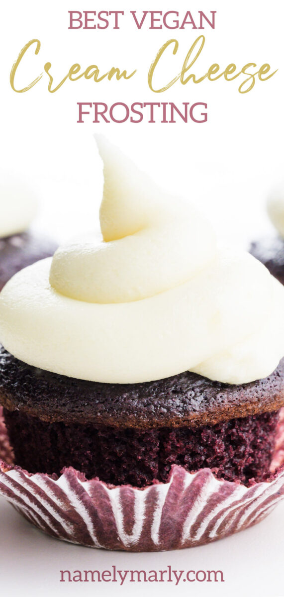 A red velvet cupcake has lots of icing on top. The text above it reads: Best Vegan Cream Cheese Frosting.