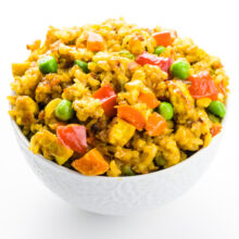 A close-up of a bowl of vegan fried rice.