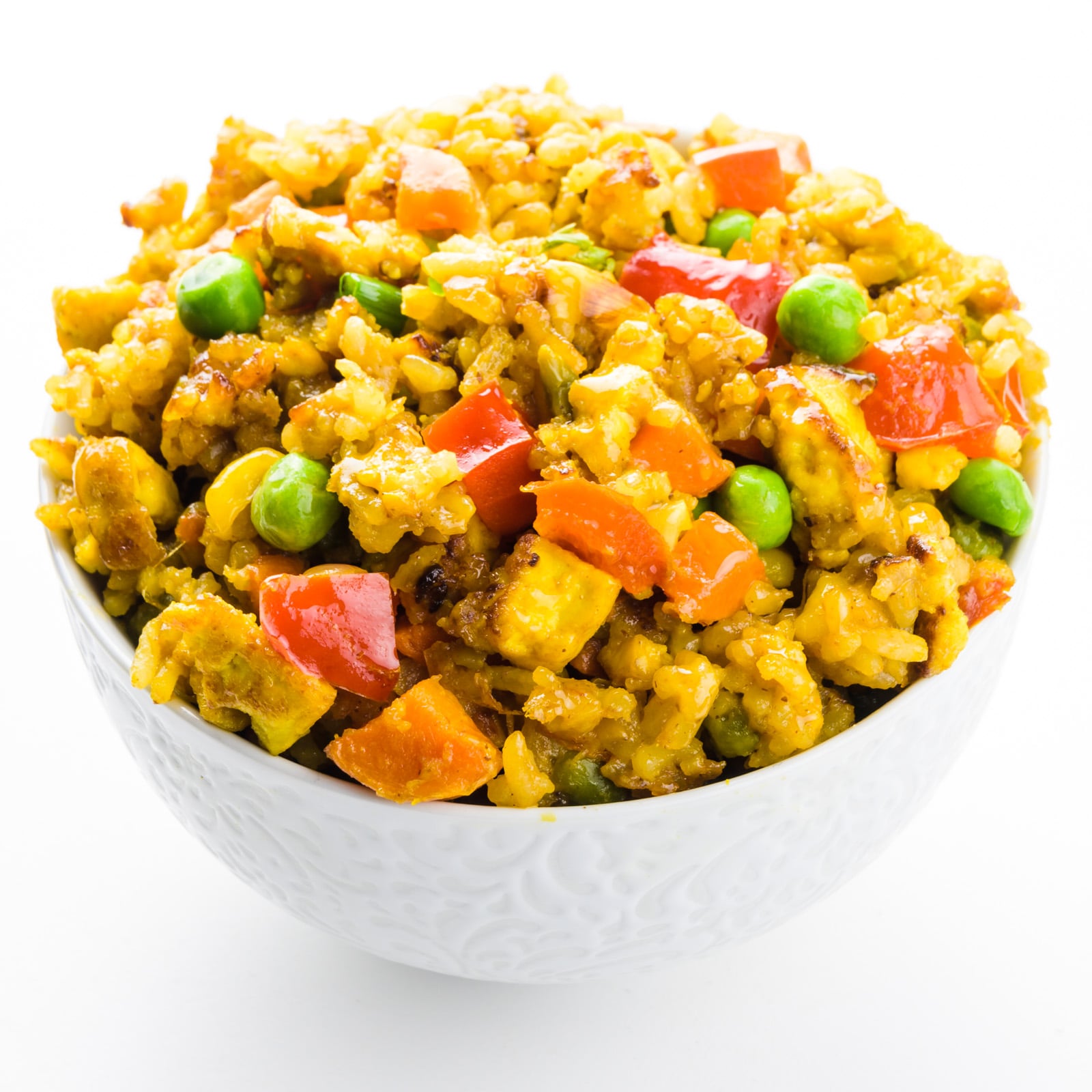 A close-up of a bowl of vegan fried rice.
