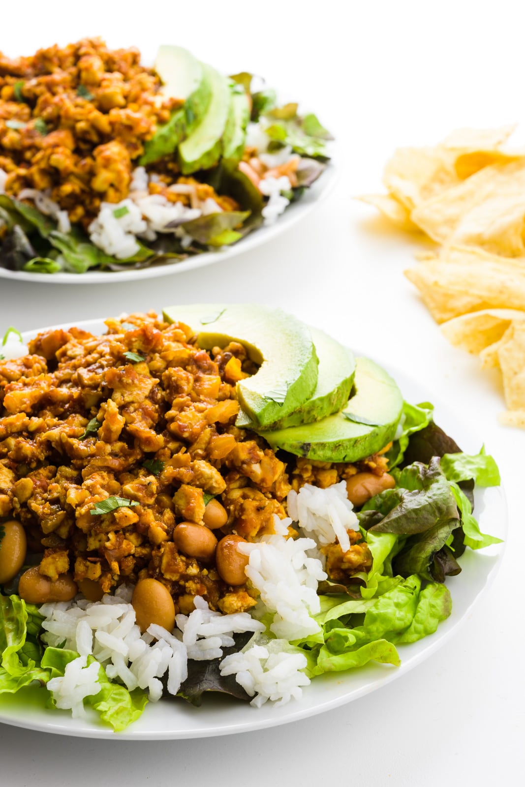 Two plates full of greens, rice, and sofritas are surrounded by tortilla chips.