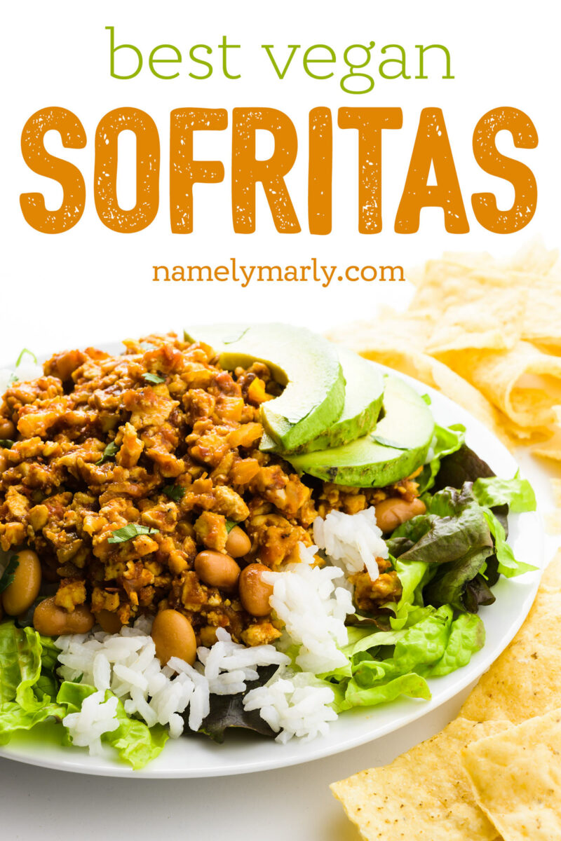 A plate holds lettuce, rice, beans, and tofu topping. It's surrounded by tortilla chips. At the top the text reads, Best Vegan Sofritas.