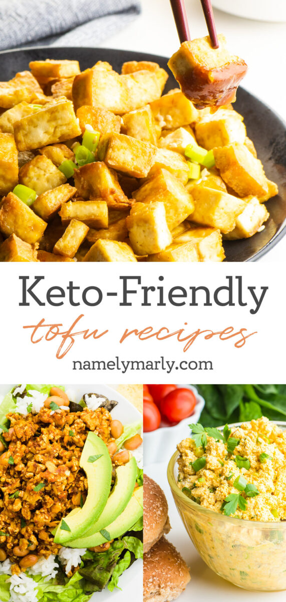 A collage of photos shows different tofu recipes, with the text Keto Friendly Tofu Recipes in the middle.