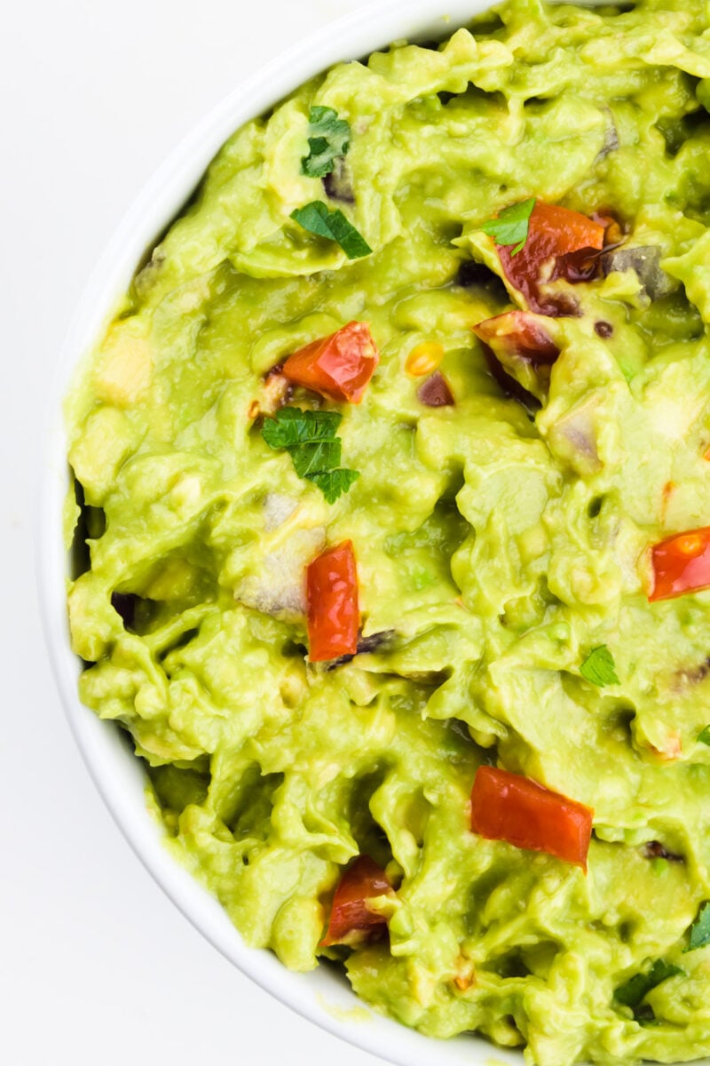 Looking down on a bowl full of vegan guacamole.