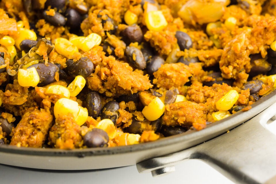 A closeup look at vegan taco meat in a skillet.