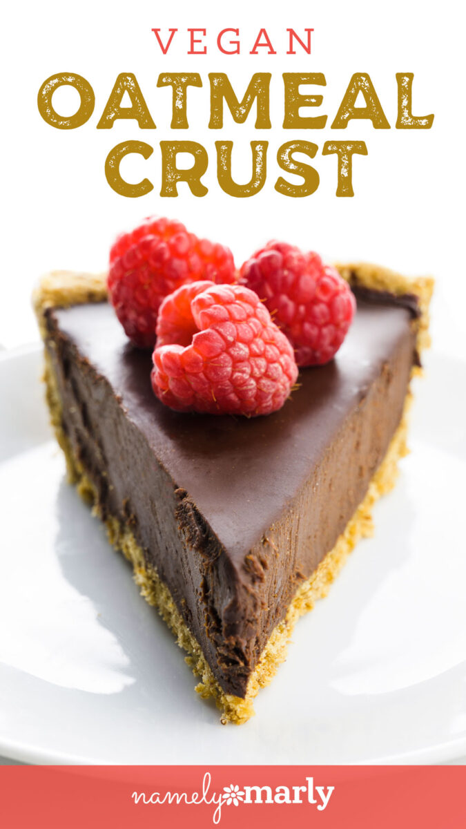 A slice of chocolate pie with raspberries on a top has this text above it: Oatmeal Crust.