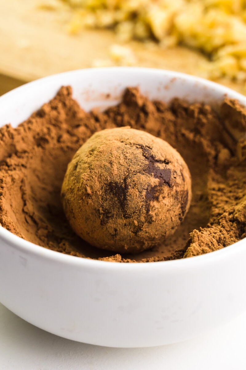 A chocolate ganache ball sits in a bowl with cocoa powder, having recently been rolled in it.
