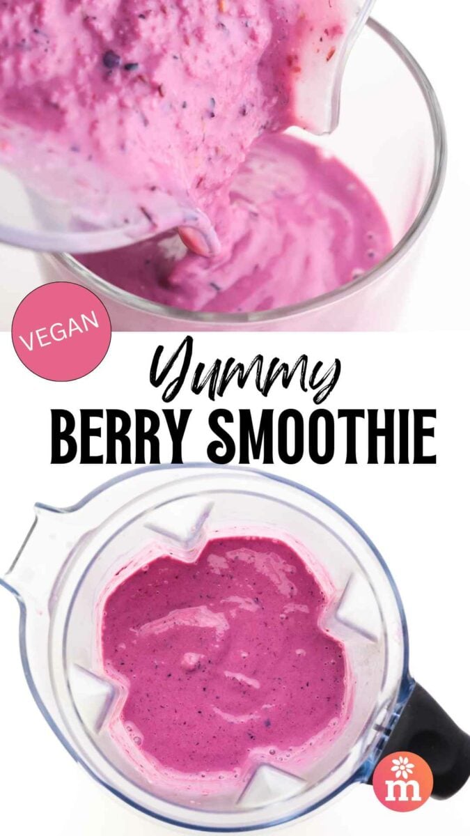 Purple berry smoothie being poured from a blender into a glass, labeled "Vegan Yummy Berry Smoothie."