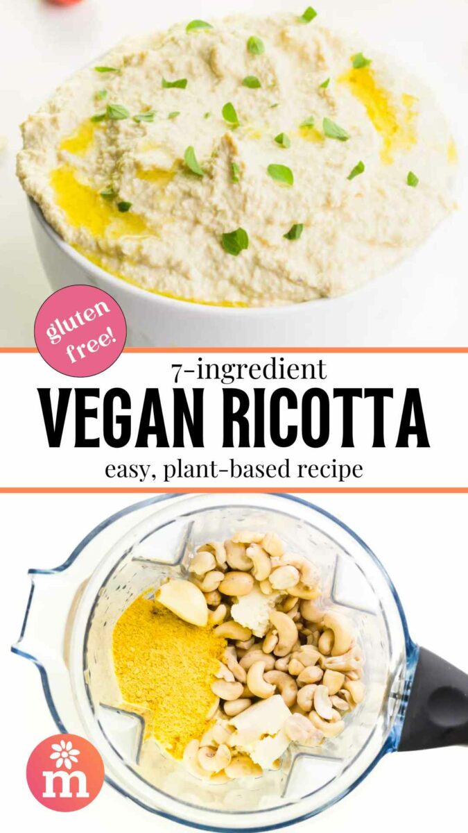 Bowl of vegan ricotta topped with herbs, alongside a blender filled with ingredients for the recipe.